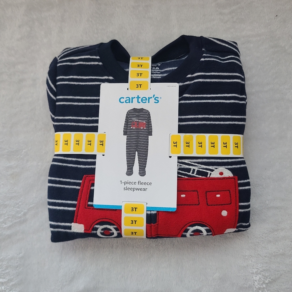 NWT Carter's Boys 3T 1pc Blue White Stripe Red Fire Truck Fleece Sleepwear